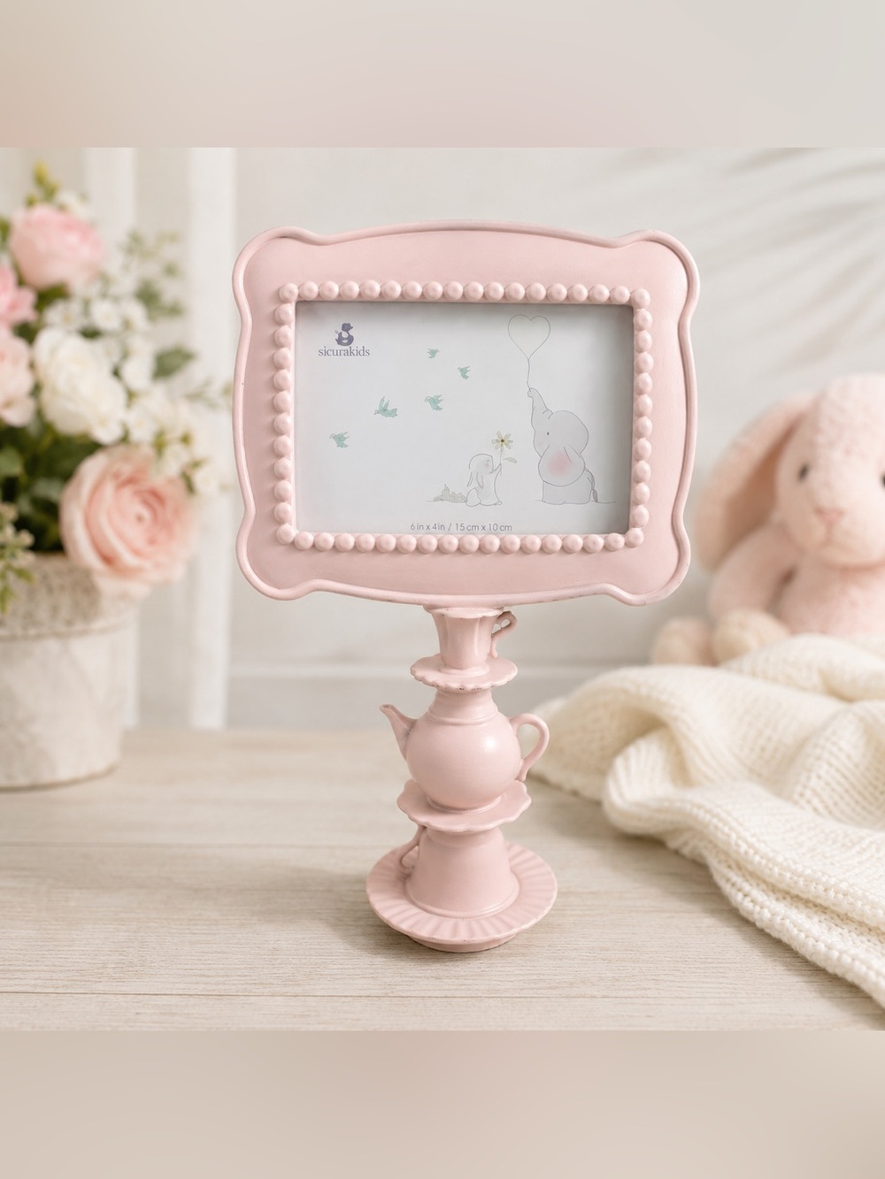 Sicurakids Lullaby Picture Beaded Frame 6"x4" Soft Pink Stacked Tea Set‎ Nursery